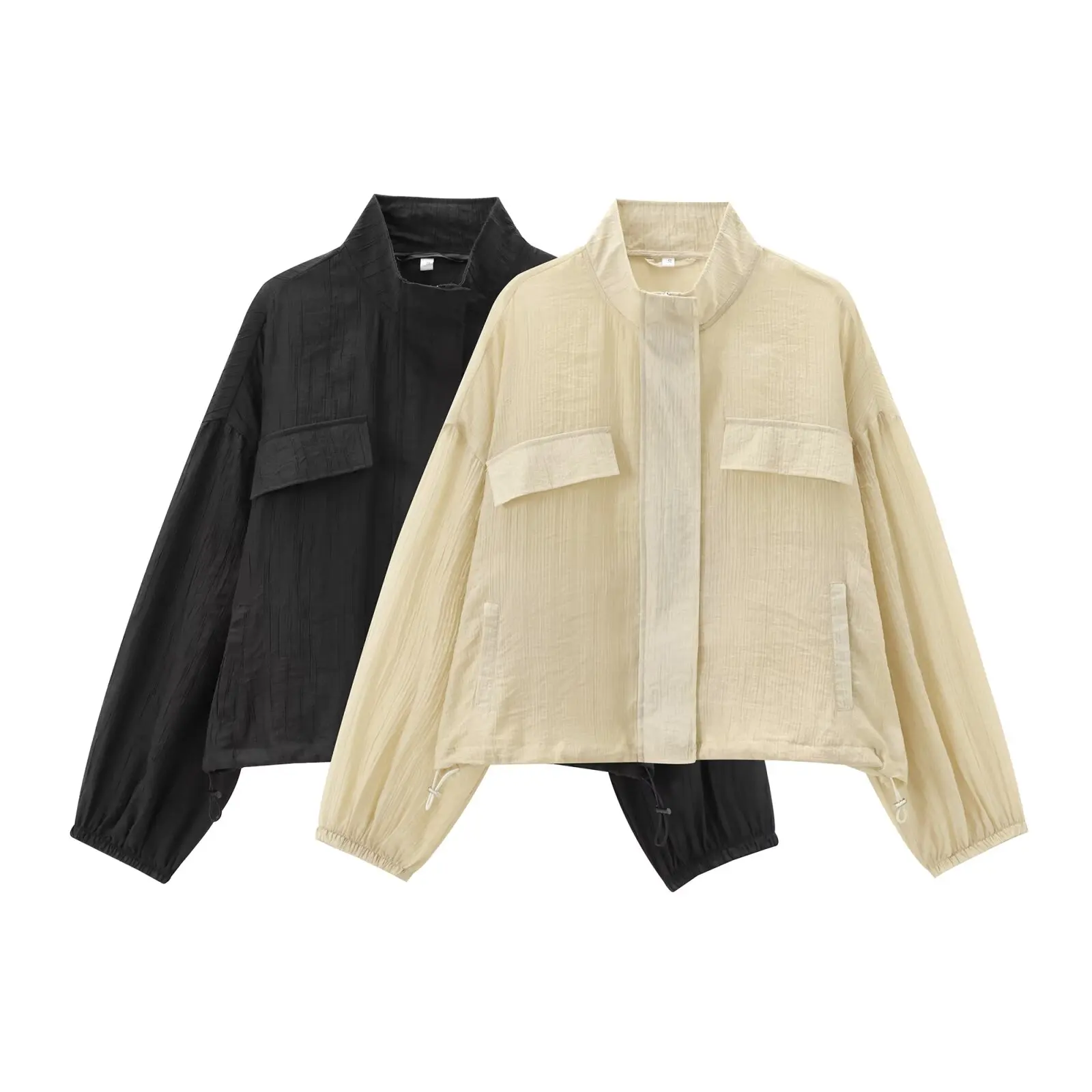 

TRAFZA Female Summer Chic British Style Solid Pleated Translucent Coat Lapel Zipper Pocket Puff Sleeves Women Street Coat Mujer