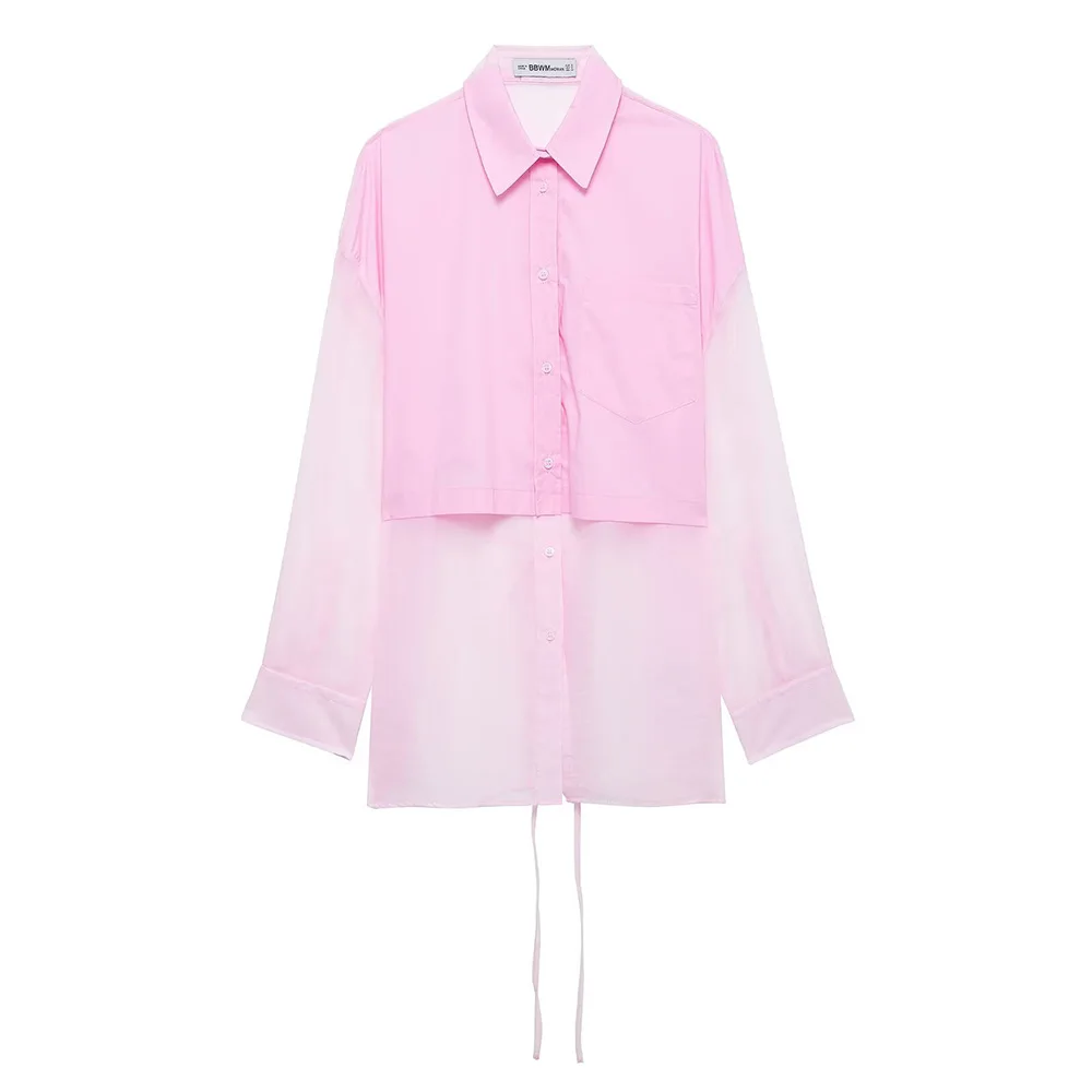 

2025 New Women's Casual Elegant Design with European and American Style Transparent Hard Yarn Splicing Loose Shirt
