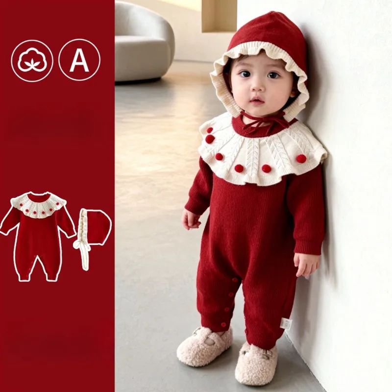 ZOETOPKID Children Clothes Infant Baby Girls Long Sleeved Splicing Knitted Jumpsuit Newborn Baby Knitted Rompers+Hat 2pcs Set