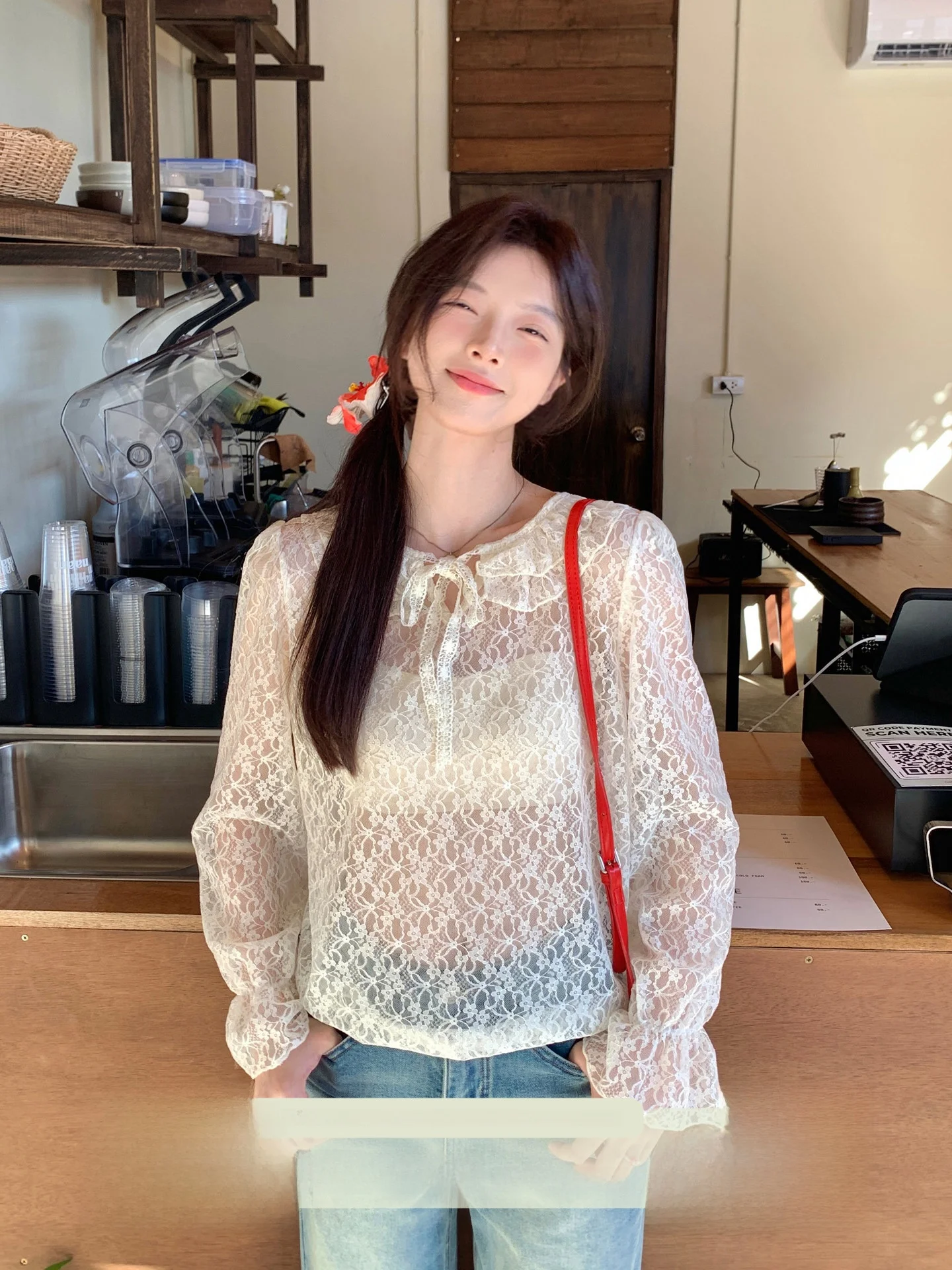 

Sweet Lace irt Women's Spring 2026 New High-End Sle Korean Loose Long Sve Polyester Fiber Gauze Upper Body Cheeset Bunny