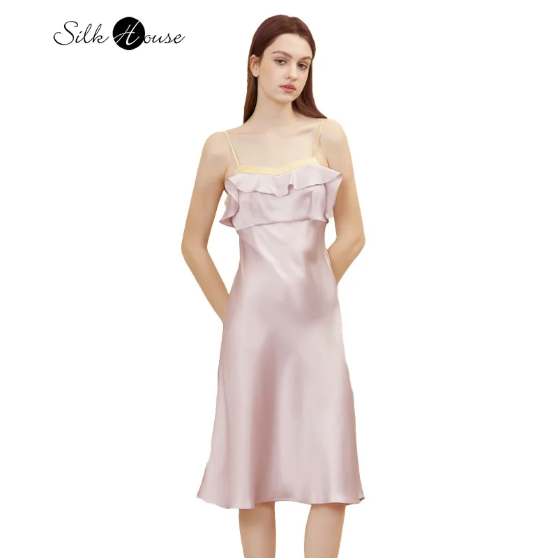Color Blocking 19MM 100% Natural Mulberry Silk Satin Suspender Dress Hollowed Out Back Sexy Comfortable Women's Nightgown