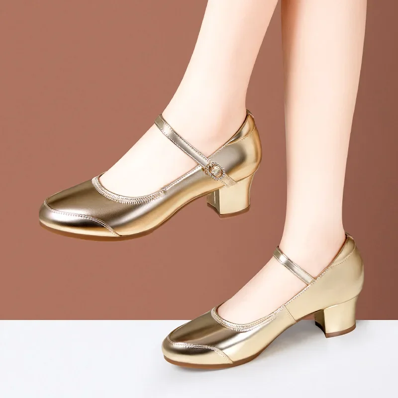 

3.5cm 5.5cm Comfortable All Season Shallow Mouth Soft Leather Shoes Women 2025 Spring Med Block Heeled Shoes Dress Dance Work
