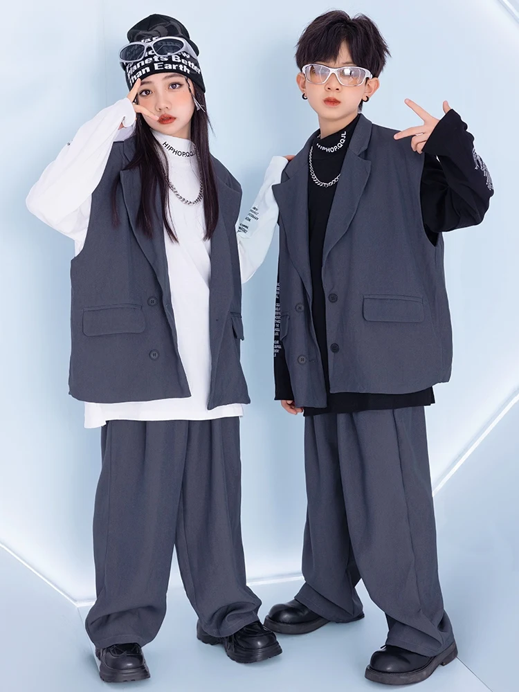 

New Modern Jazz Dance Costumes For Girls Gray Loose Suit Boys Street Dance Wear Hip Hop Dance Performance Stage Clothes DQS17331