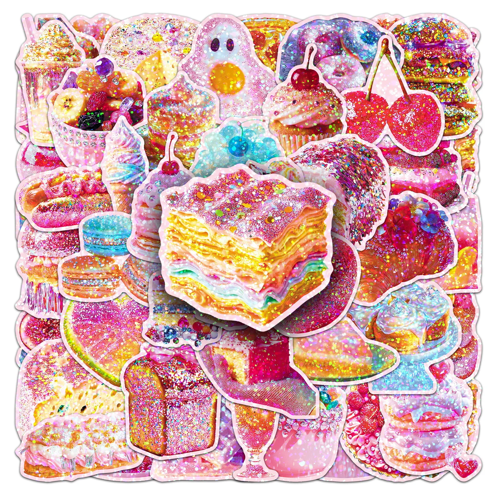 

50PCS Cartoon Laser Style Fun Cake Food Stickers Personalized Graffiti Waterproof Decals Kids Toy Gift for Scooter Desk Laptop