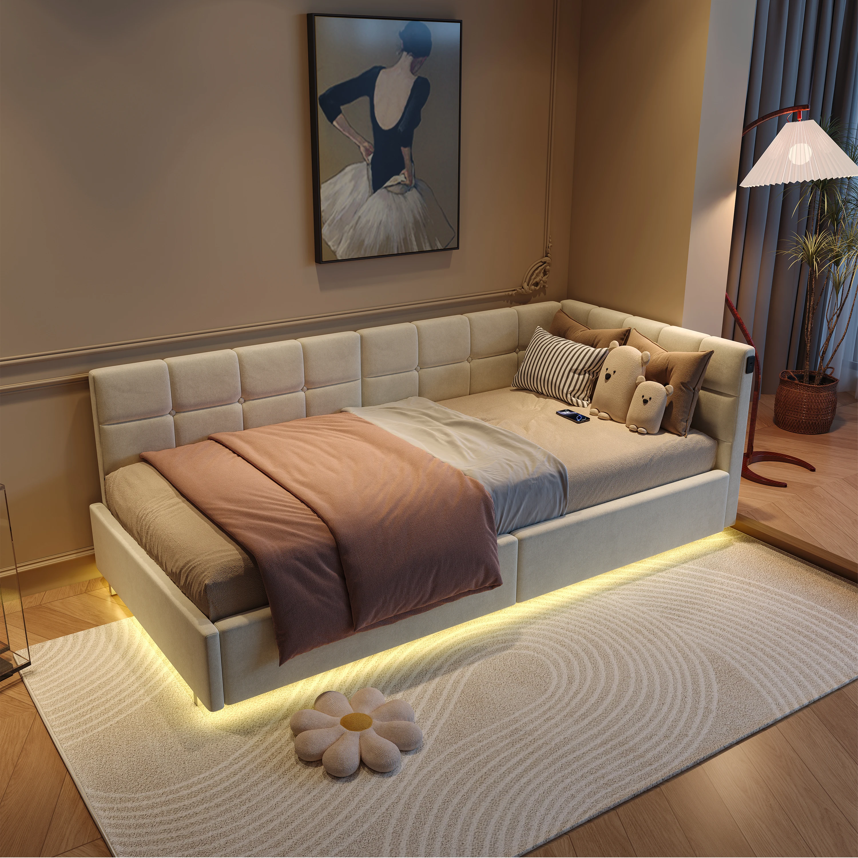 Canapé-lit Fangange 90x200 cm avec éclairage LED USB Type-C, lit enfant avec espace de rangement hydraulique, lit jeunesse avec sommier à lattes
