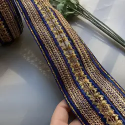 1 Yard Blue 7cm Rice Lace Trim Ribbon Ethnic Clothing Gold Thread Embroidery Sequin Fabric Jacquard Webbing Garment Accessories