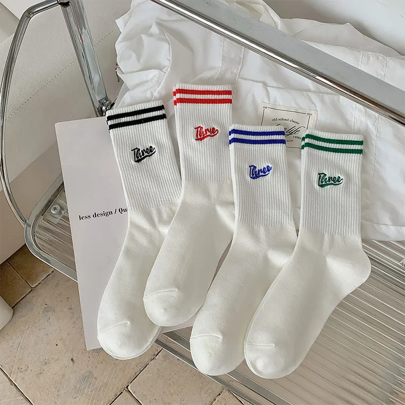 

1/4 Pairs Sports Style Fashion Two Bar Letter Embroidery Mid Tube Socks Comfortable and Versatile Pure Cotton Women's Socks 2025