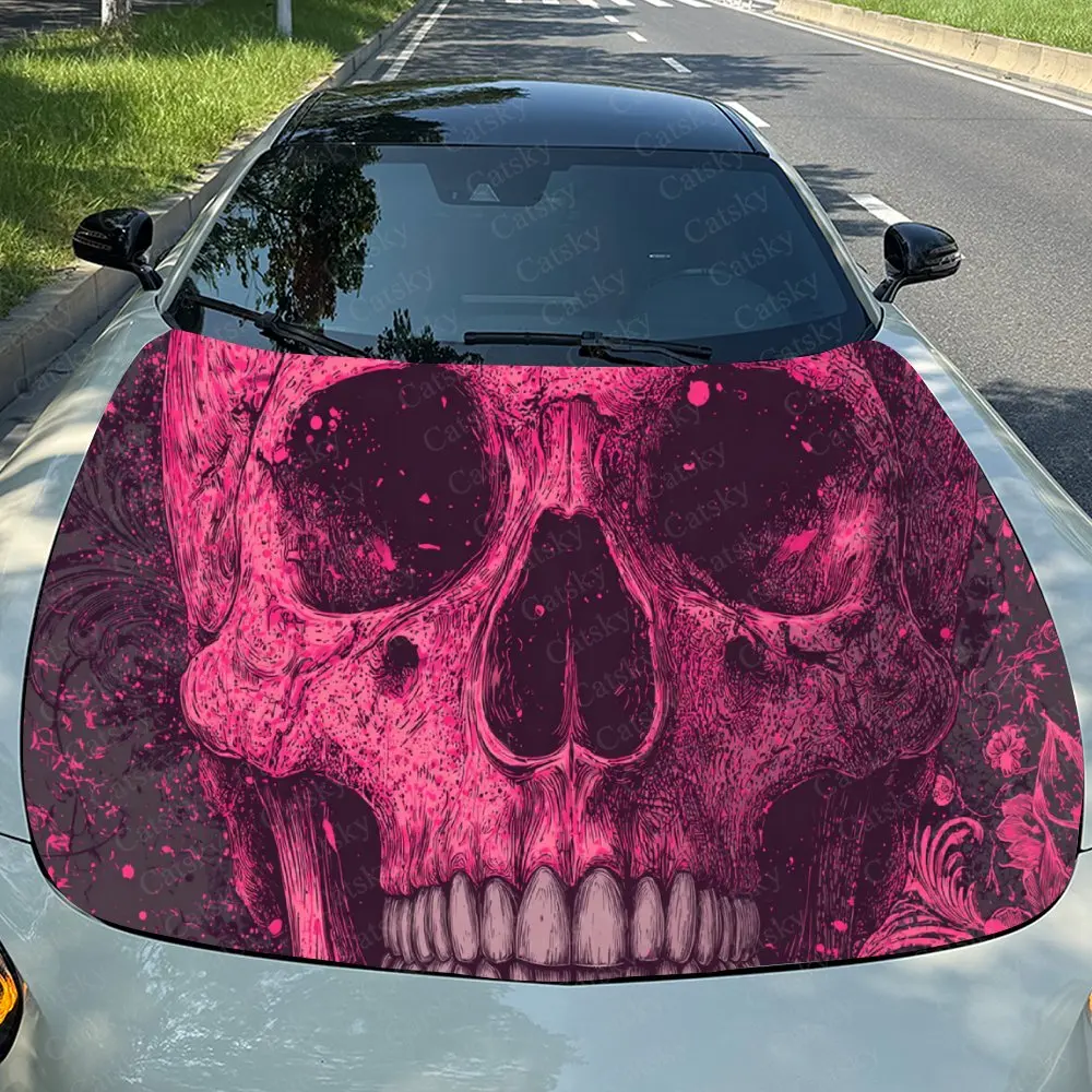 Car Decal Skull with Pink Speckled Element Artistic Fusion in Bold Gothic Design, Creating a Bold and Vibrant Visual Car Hood St