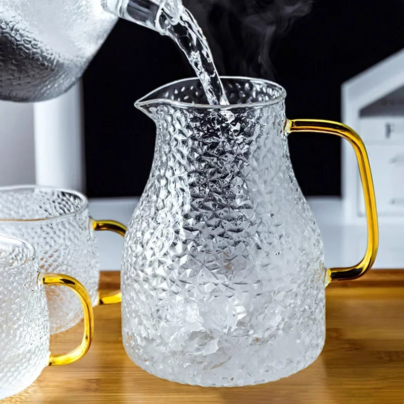 Transparent Glass Water Jug Hot/Cold Tea Pot Stainless Steel Flow Lid Carafe with Handle Heatproof Teapot Set 3