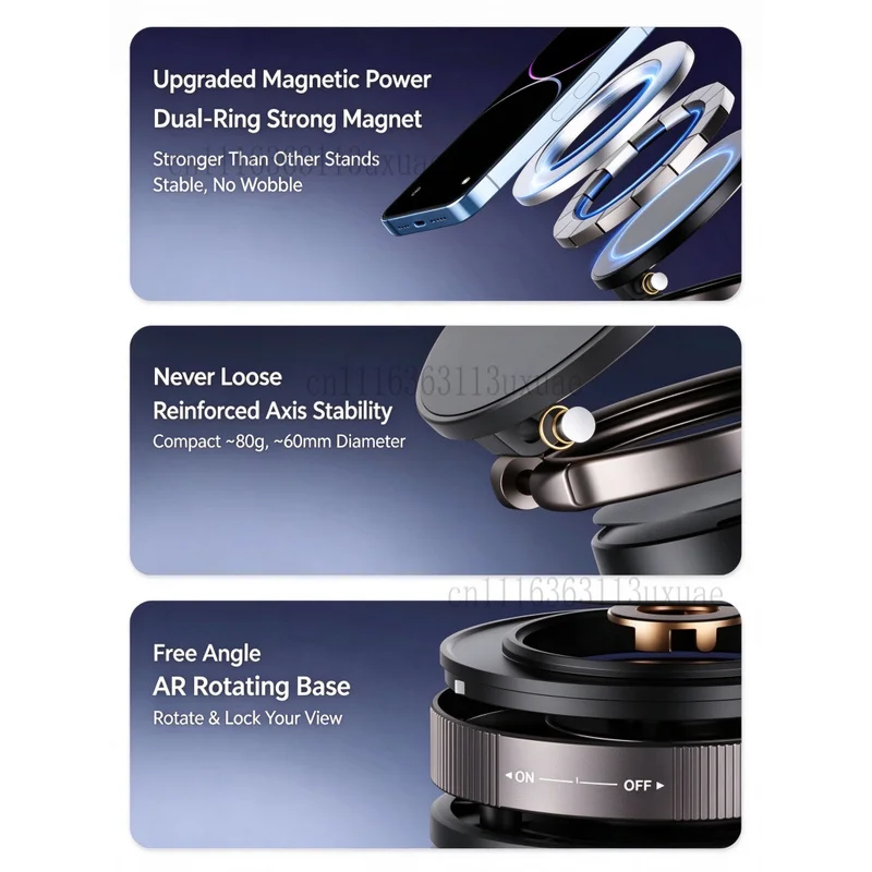 MagSafe Car Phone Mount 720 Rotating Vacuum Suction Foldable N52 Magnetic Holder with Metal Ring and Pad, for iPhone Android