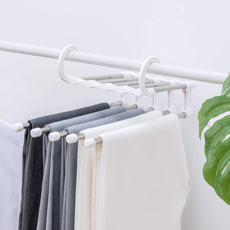 5-in-1 Multi-Function Magic Pants Hanger Stainless Steel Foldable Extendible Closet Organizer Multi-Layer Storage Rack Trousers