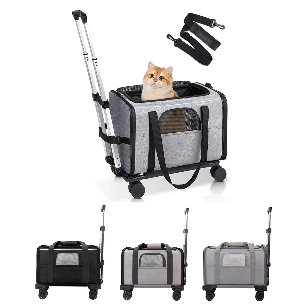 Pet Trolley Bag Detachable Rolling Carrier for Small Dogs Cats Portable Travel Carrier with Telescopic Handle and Shoulder Strap