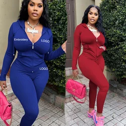 Custom Women Fall Sets 2022 Plain Ribbed Workout Zip Up Hoodie 2 piece Pant Set Skinny Jogger Tracksuit Sweat Suit Set