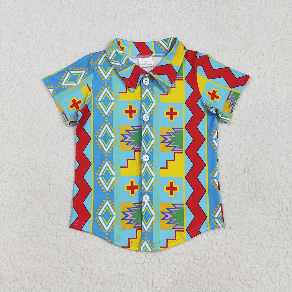 

Baby Boys Short Sleeve Button up Shirt Colorful Aztec Print Casual Tops for Infants