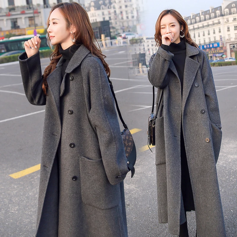 

Grey Double breasted Wool Jacket Women's Clothing 2023 Spring Autumn New Fashion Wool Coat Female Casual Loose Long Overcoat