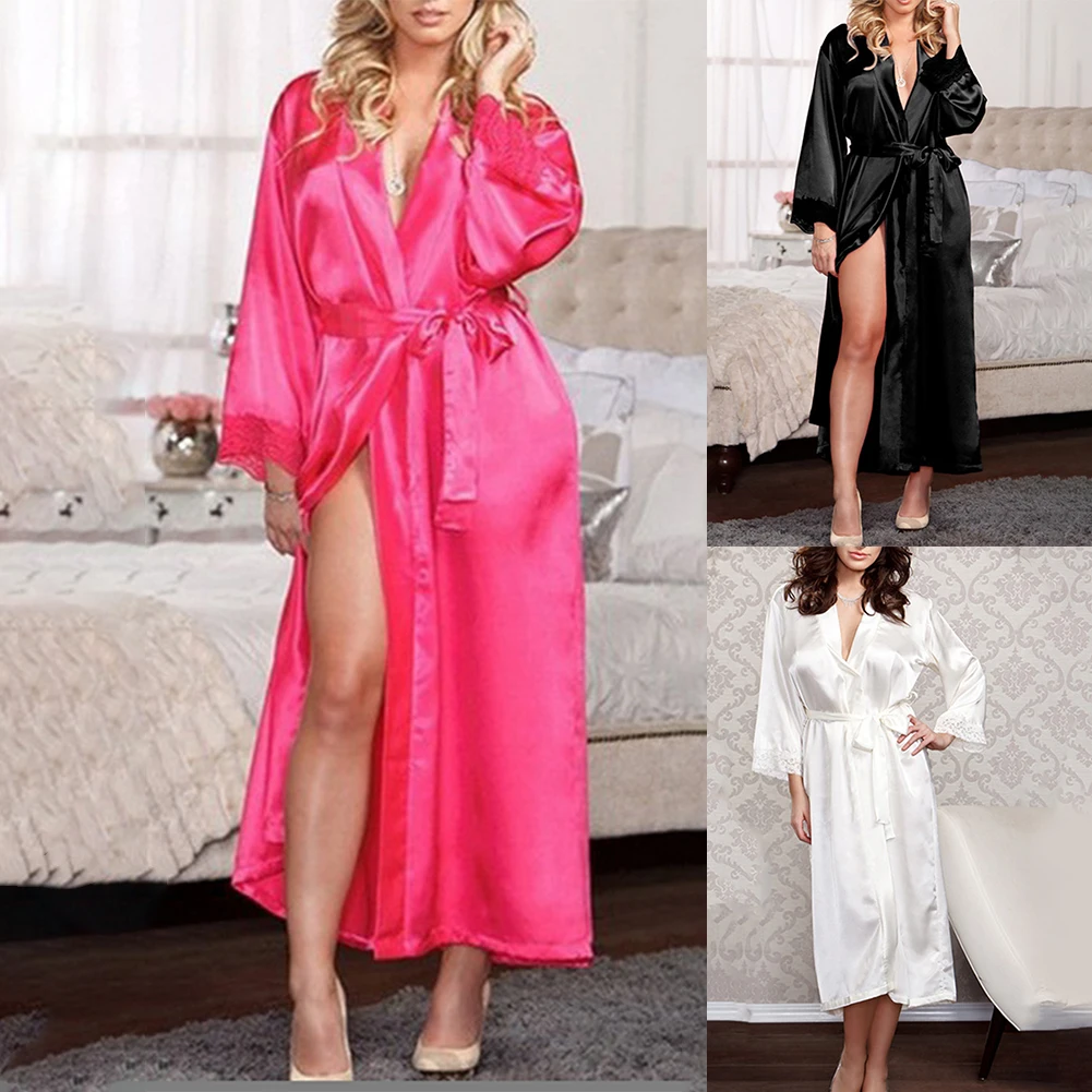 Women Satin Soft Long Sleeved Nightgown Pajamas Home Clothes Bathrobe Gown Robe Nightgown Slim Straps Solid Female Nightdress