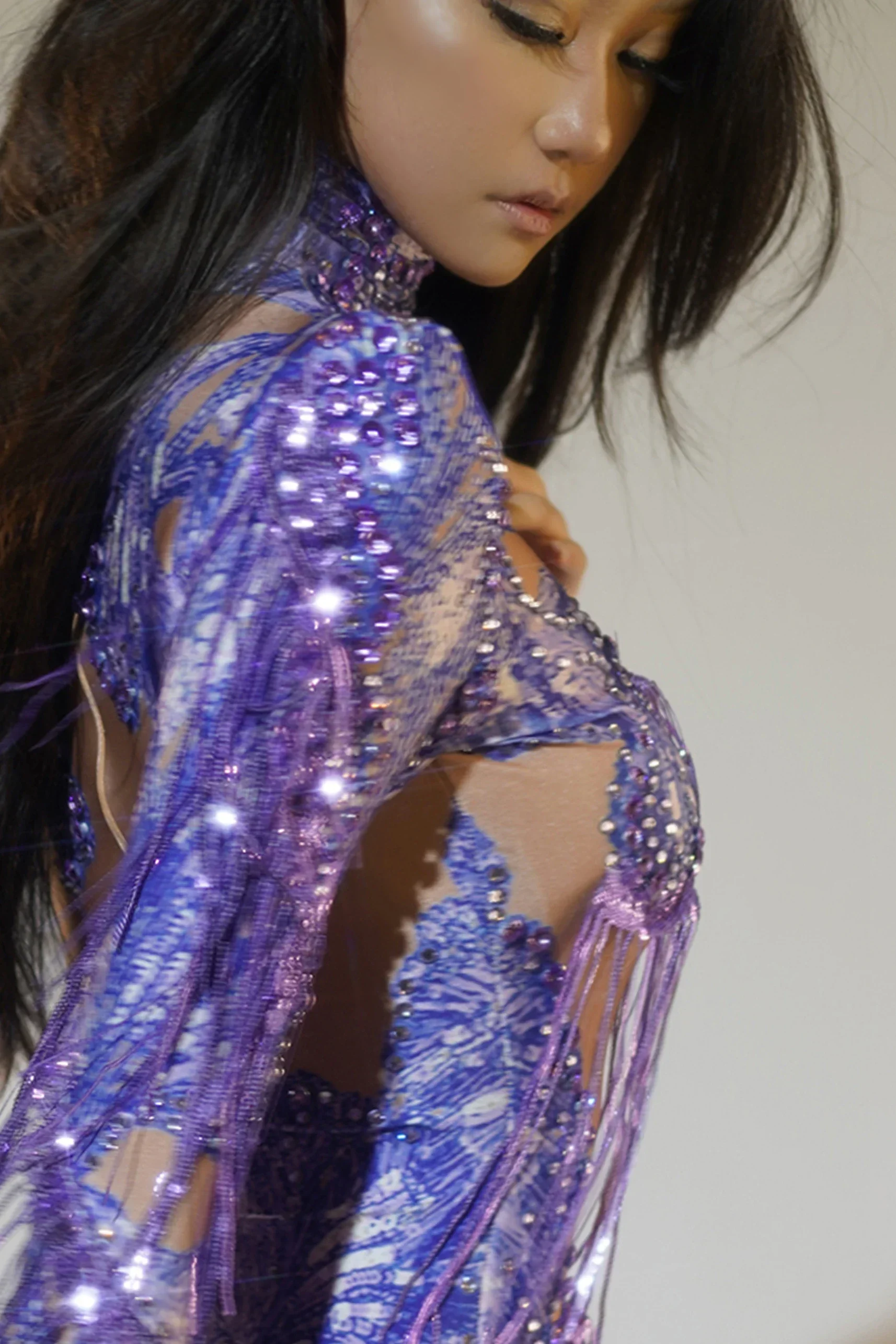 Women Elastic Showgirl Tassels Leotard Sexy Blue Print Rhinestone One Shoulder Crystal Bodysuit Party Birthday DS Stage Costumes