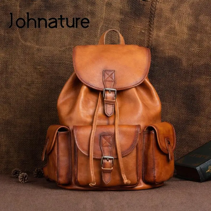 Johnature Men Genuine Leather Backpack 2024 New Retro Large Capacity Portable Travel Bags Nature Real Cowhide Laptop Backpacks