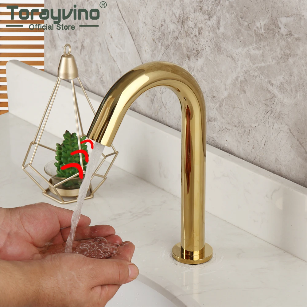 

Torayvino Gold Polished Automatic Touch Free Sensor Bathroom Faucet Basin Sink Solid Brass Faucet Deck Mounted Mixer Water Tap