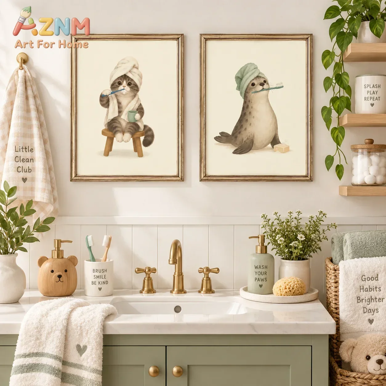 AZNM Cute Panda Capybara Koala Bathing Canvas Wall Art, Cartoon Animal Bathroom Decor Print, Nursery Room Wall Decoration Gift f
