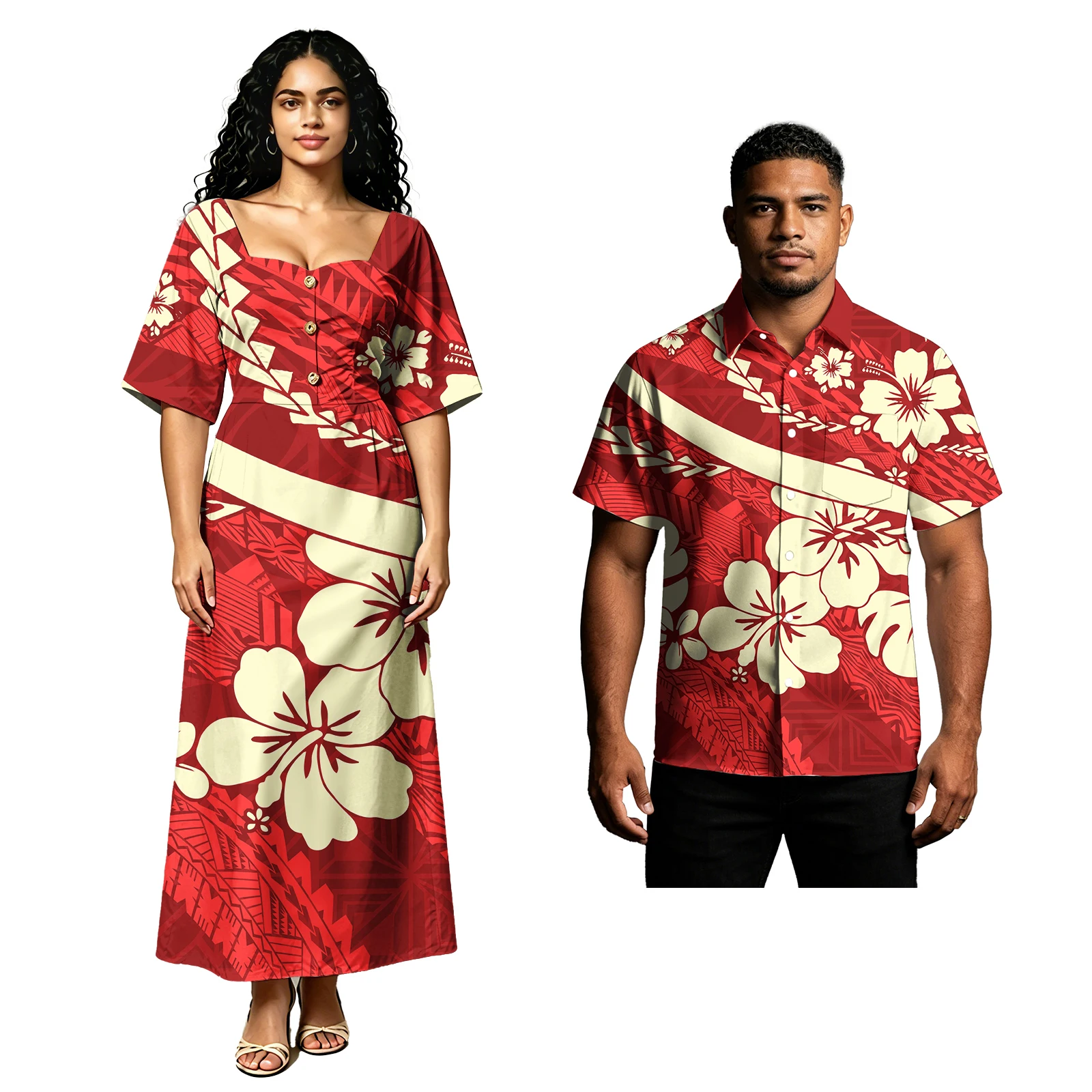 Party Polynesian Tribal Style Men Shirts Ladies Sweetheart Neckline Samoan Dress Pacific Hawaiian Hibiscus Print Couple of Set
