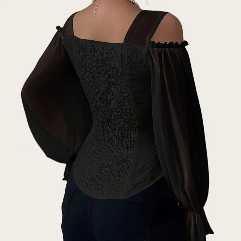 เสื้อผู้หญิงแขนยาวเปิดไหล่ ดีไซน์เซ็กซี่ คอเหลี่ยม ทรงเข้ารูป ผ้าแจ็คการ์ด สีขาวดำ เสื้อท็อปส์ บลาวส์ เสื้อยืด