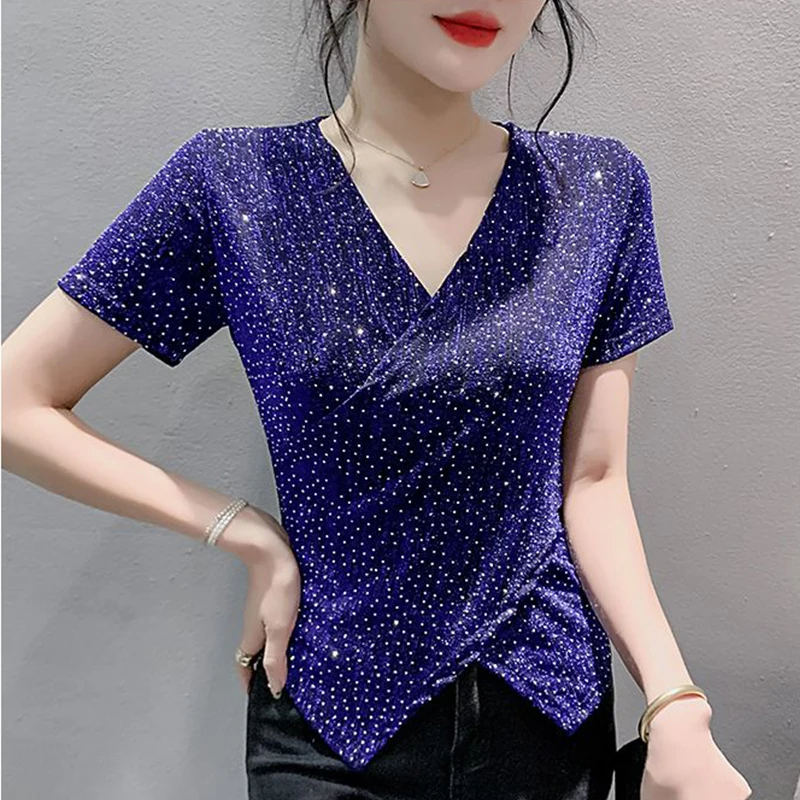 Summer New V-neck Elegant Fashion Diamons Slit T-shirt Women Short Sleeve Streetwear All-match Slim Tee Harajuku Y2K Casual Top