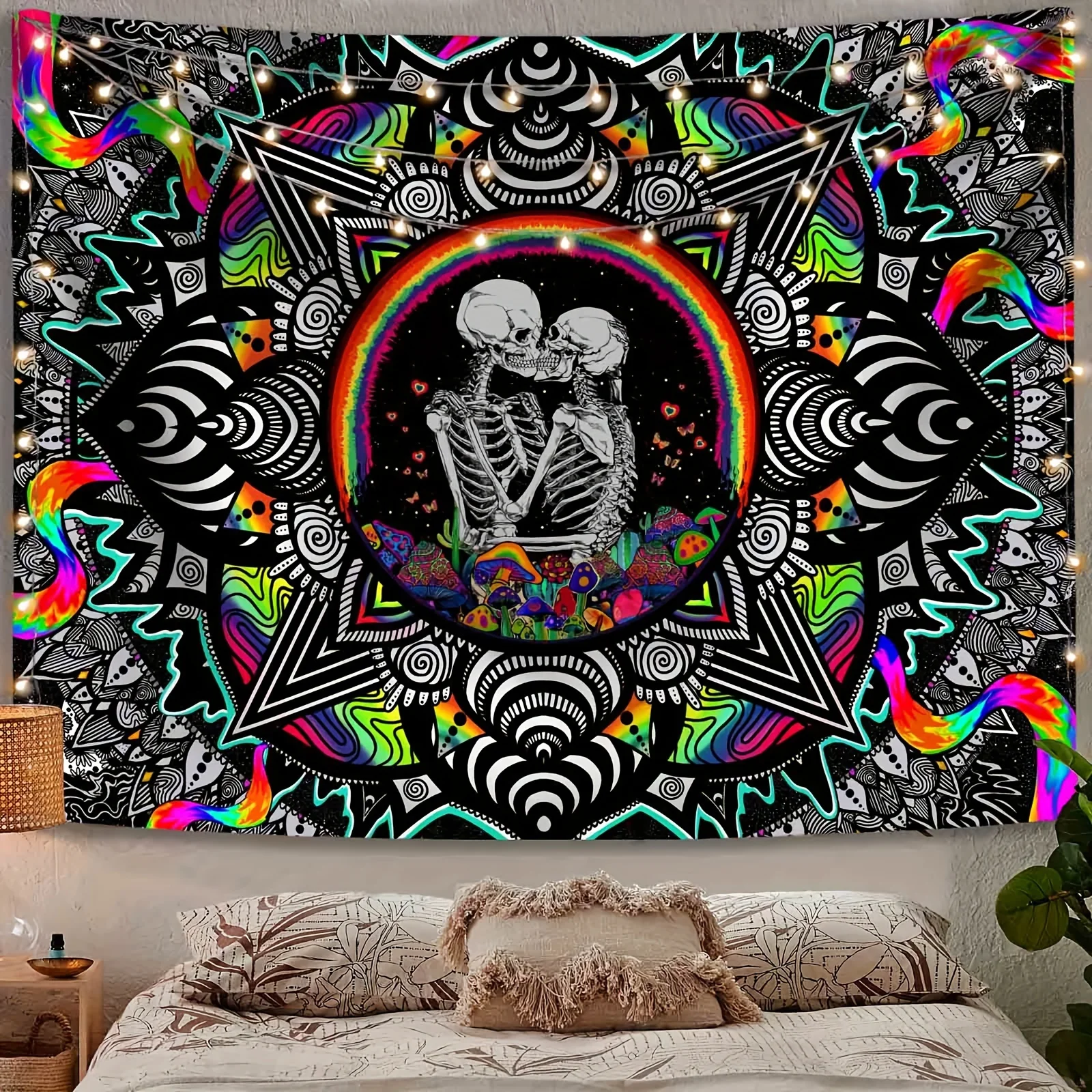2D Flat A  Psychedelic Skeleton With Colorful Flowers Tapestry Suitable For Wall Hanging Photography Backgrounds Perfect For Dec