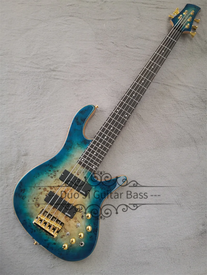 5 Strings Bass Guitar Fora Blue Bass ASH Wood Body Burl Maple Top Rosewood Fingerboard Active Battery Gold Tuners Fixed Bri