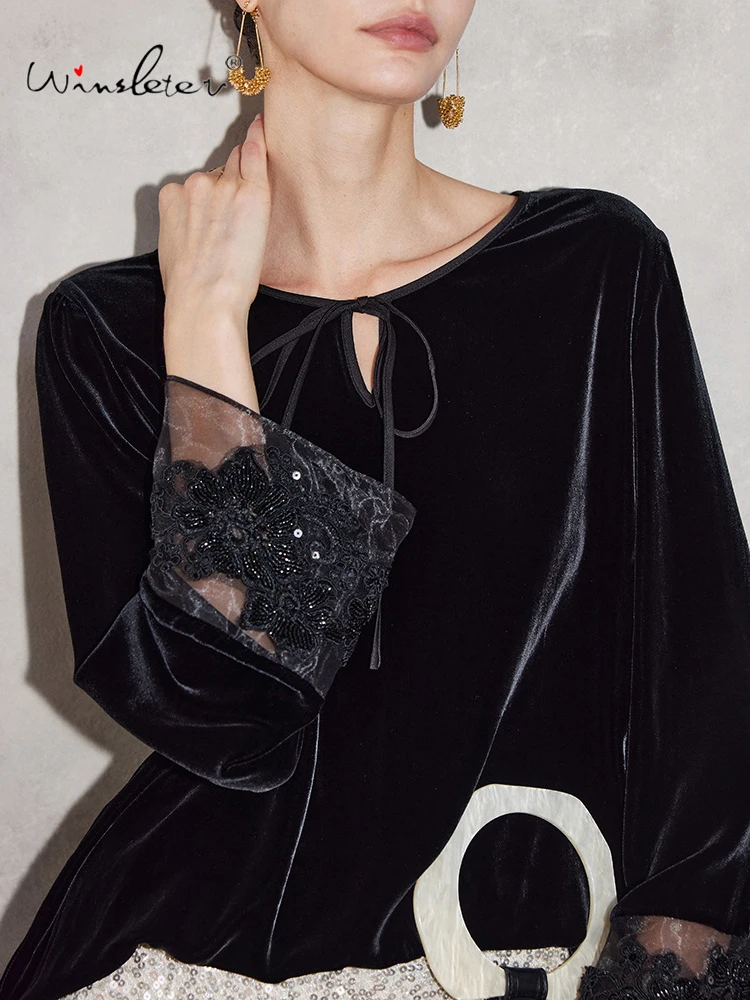 Winsleter-Bottom 100%Real Silk Elegant Velvet T-shirt, Long Sleeve Embroidery, Woman Retro Loose Top, 2026 Spring New T61534CC