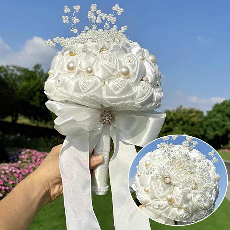 1PC Luxury Wedding Bridal Handheld Flower Pearl Bead Tree Silk Rose Bundle Butterfly Bow Strap Retro Palace Picking Flower