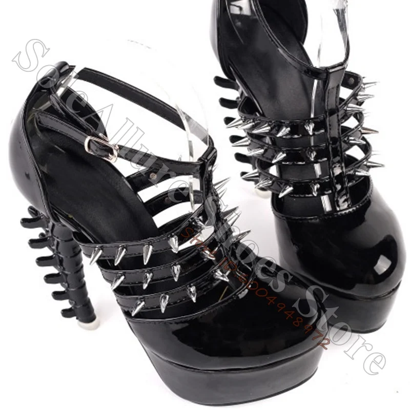Black Patent Leather Platform Sandals Women Punk Spiked Multi Strap Ankle Buckle Serrated Novelty Heel Goth Club Night High Heel