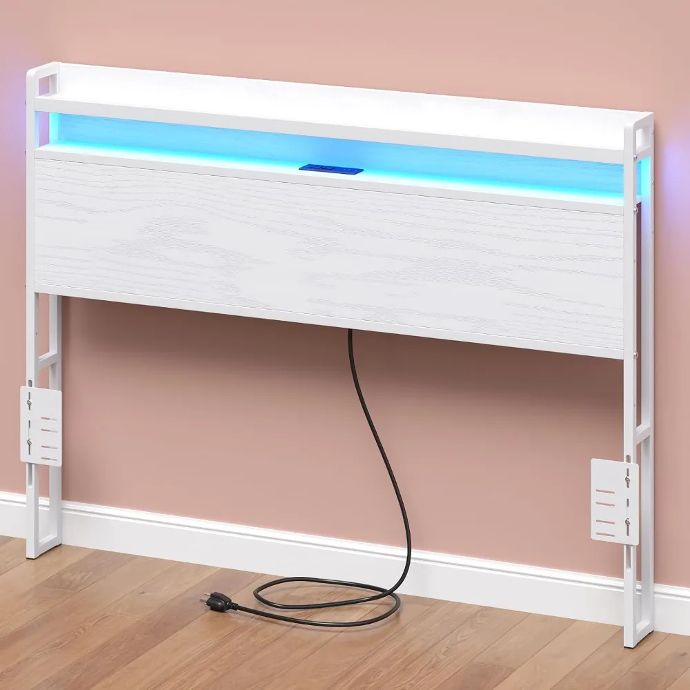 

Headboard for Full Size Bed Frame with 2 Tier Storage, with Outlets, USB and Type C Ports and LED Light, Height Adjust