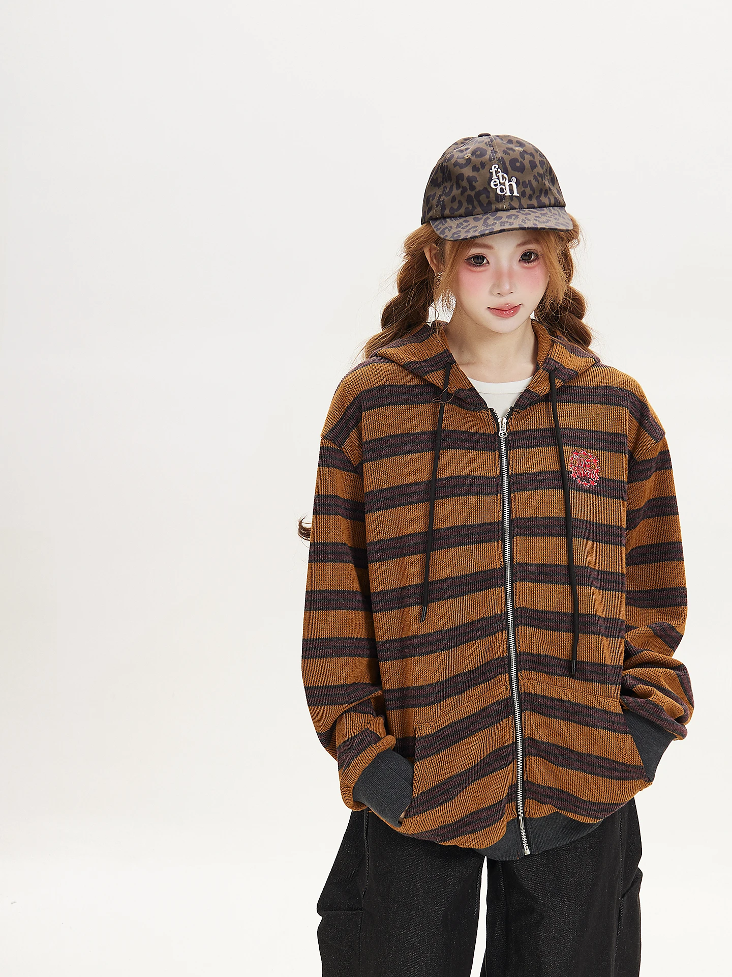 Retro American Color Block Striped Hoodie Zipper Cardigan Women's Loose Fit Autumn Outerwear Casual Comfortable Sweatshirt