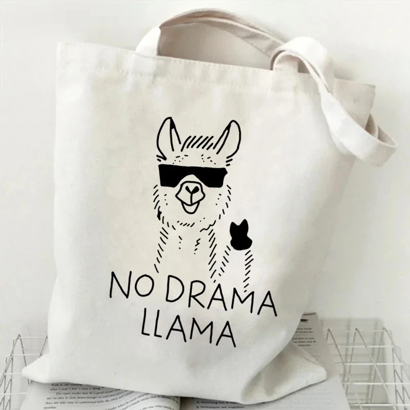 Cute Alpaca Pattern Women\'s Shoulder Bag Large Capacity White Shopping Bag Cartoon Animal Print Handbag Women\'s Canvas Handbag