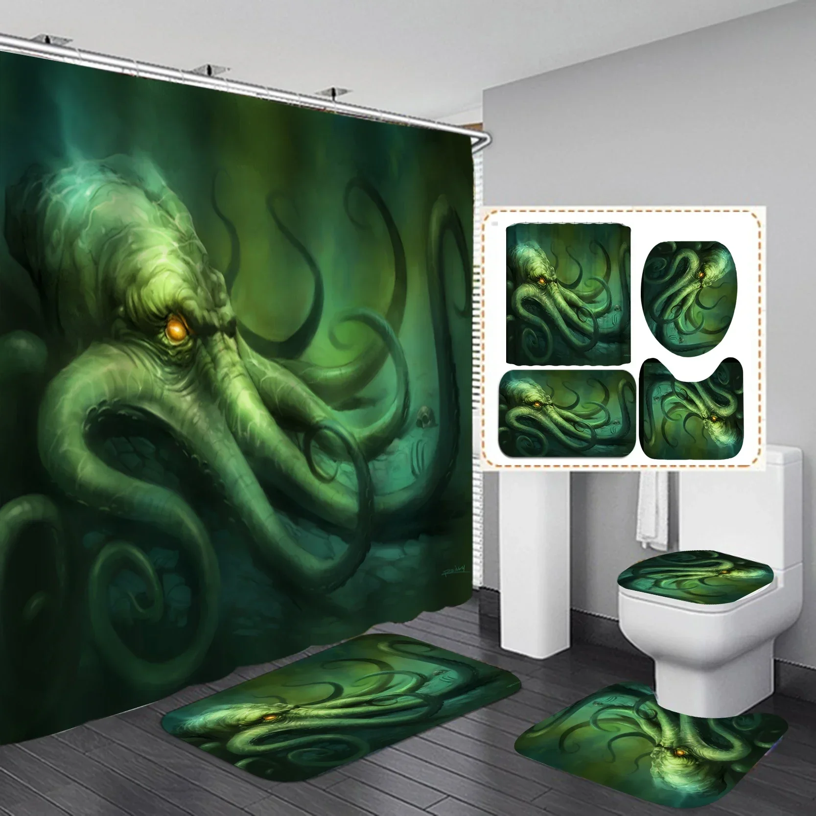 Ocean Monster Octopus Print Shower Curtain Set Waterproof Bathroom   with Rugs Toilet Cover Mat for  Decor