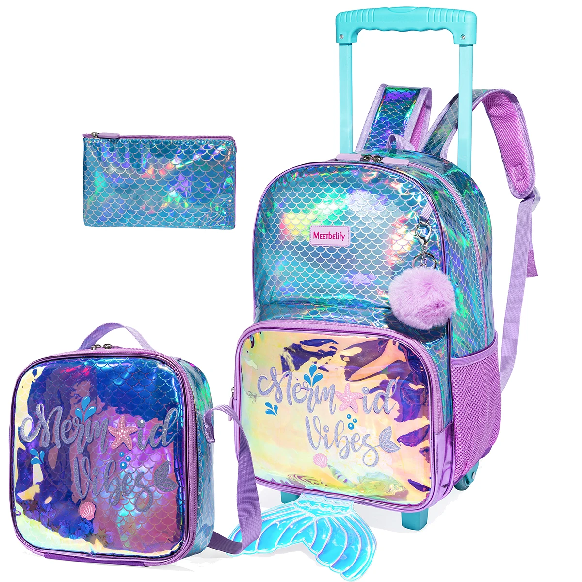 Mochila con Ruedas de Sirena para Niñas, Mochila con Lonchera y Estuche para Lápices, Cola de Sirena Azul para Niñas de Primaria