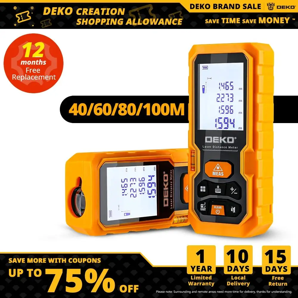 

DEKO DKLD05 Handheld Laser Distance Meter 40M 60M 80M 100M Mini Laser Rangefinder Laser Tape Range Finder Diastimeter Measure