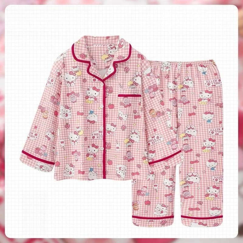 

Red Plaid Hello Kitty Pajamas for Girls German Velvet Spring Autumn Long-sleeved Cartoon Soft Warm and Wearable Home Clothes Set