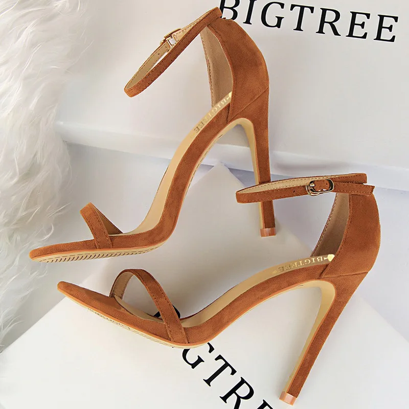 Summer Women Sexy Stiletto Heels Suede Sandals Classic Ladies Fetish 11cm High Heels Flock Shoes Female Party Prom Pumps Bigtree