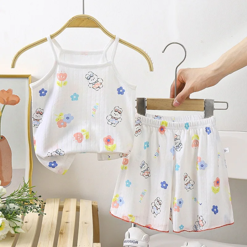 Sling+Shorts Suit Summer Girl\'s All Cotton Pajamas Infantil Cartoon Printed Sleeveless Home Clothes Fashion Cute Vest Two Piece