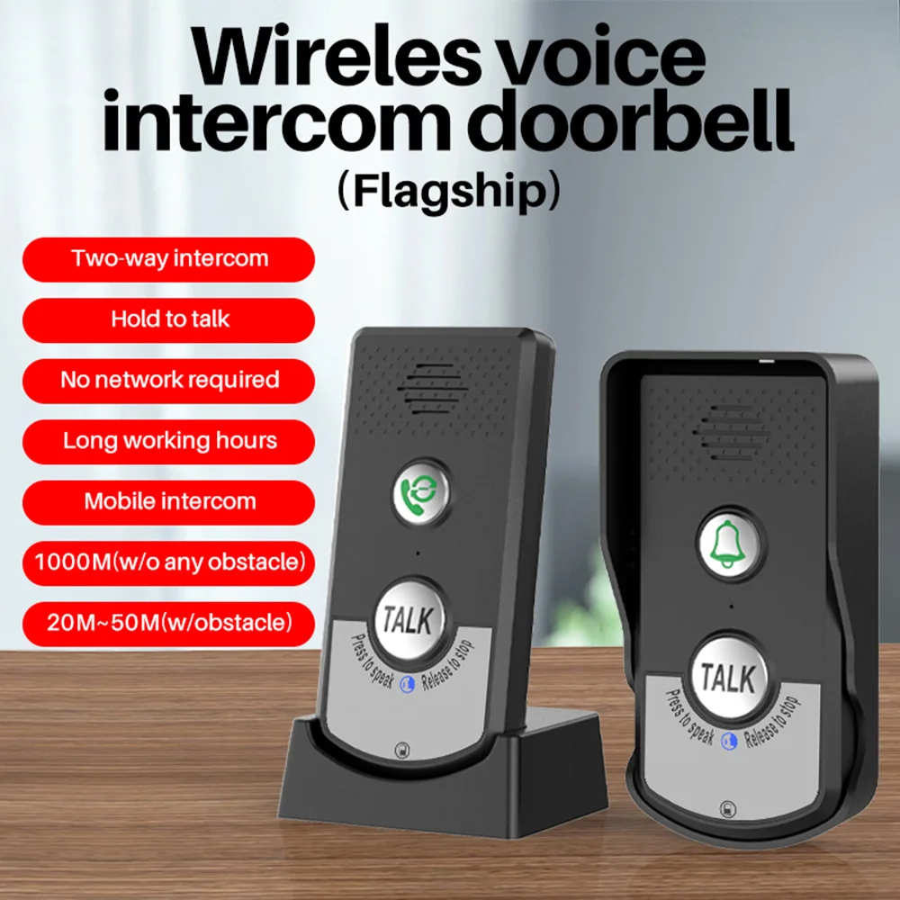 Wireless Doorbell Intercom Smart Intercom Doorbells for Home Real-Time Two-Way Communication 3Volume Level 1000m/3280ft Doorbell