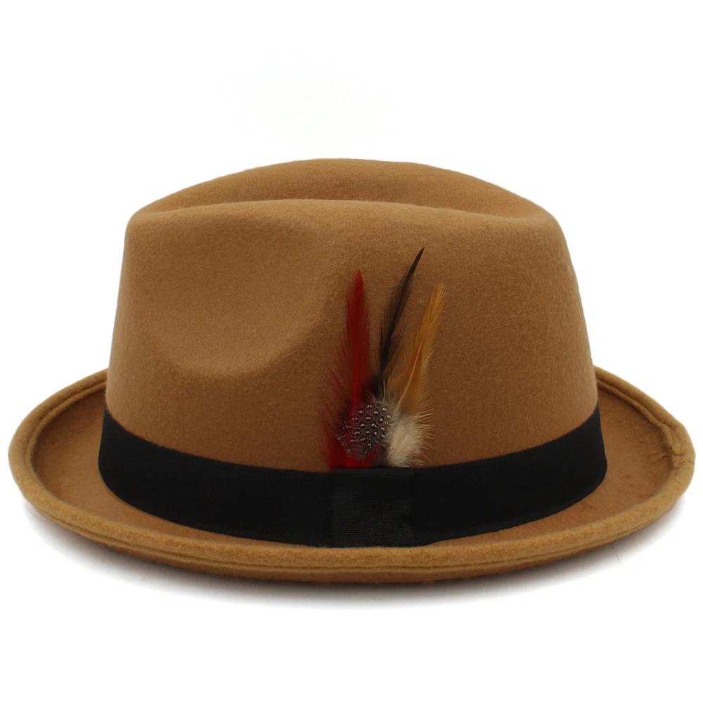 Men Women Woolen Classical Feather Band Fedora Hats Trilby Jazz Sunhat Street Style Caps Party Travel Outdoor Size US 7 1/8 UK M