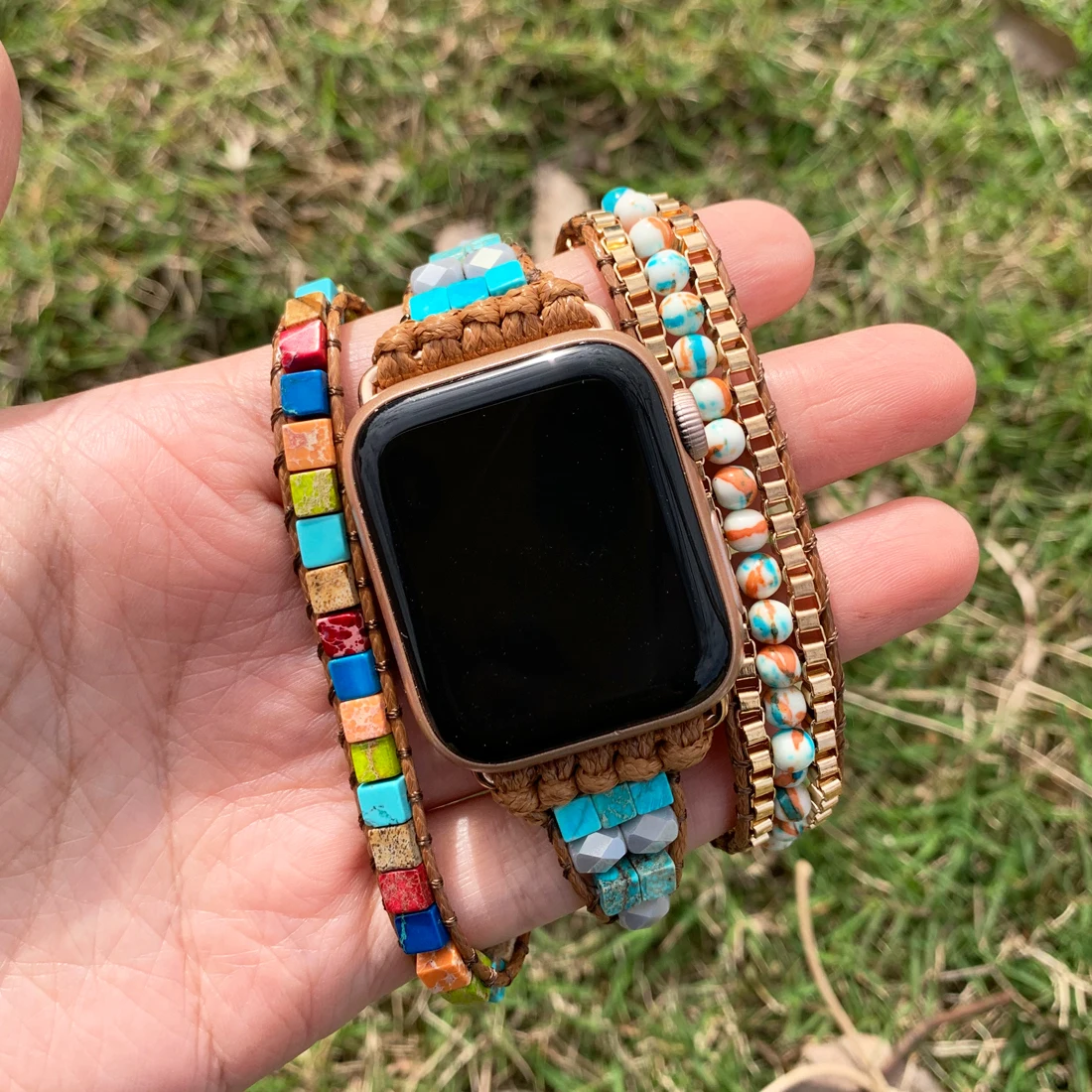 Natural Stone Crystal IWatch Band Beads Boho 3 Wrap Wax Rope Watch Strap Vegan Wristband Holiday Gift