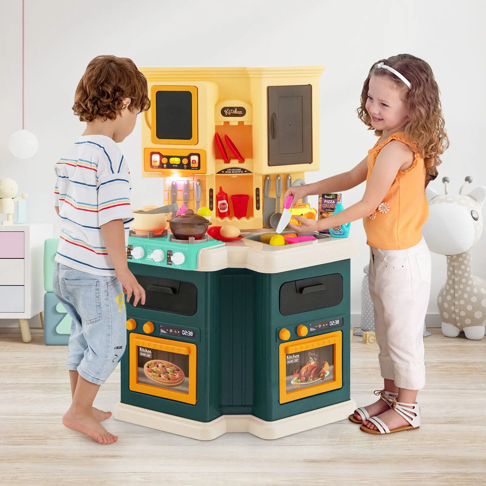 Giocattolo da cucina Costway Play per bambini con 67 pezzi accessori per set da cucina e luce e suoni