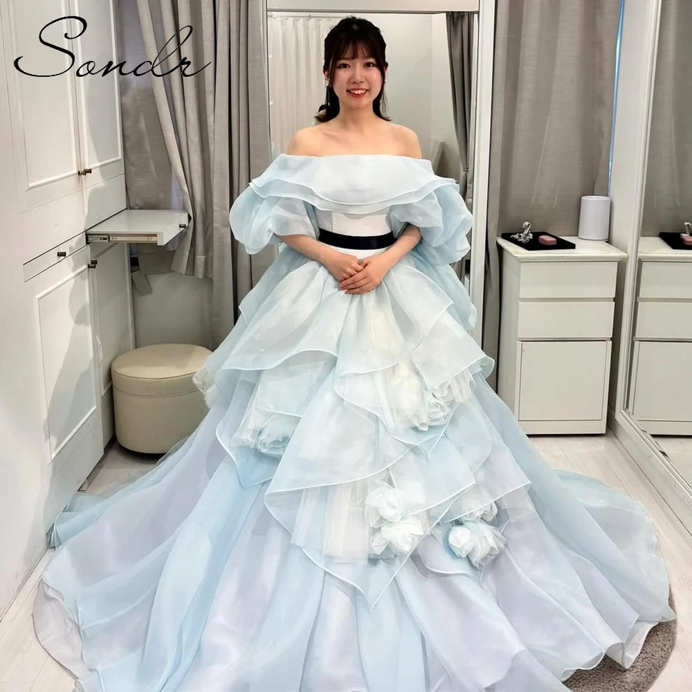 

Sondr Japanese Wedding Party Dresses Baby Blue Off the Shoulder Luxury Party Dresses Evening Gown Customized Silk Organza Gown
