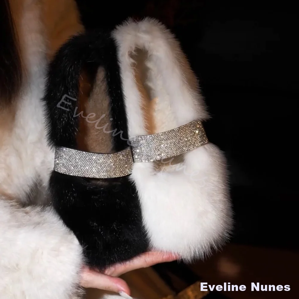 Sparkling Rhinestone 5cm Chunky Heels Furry Shoes Women Crystal One Word Belt Mink Fur Loafers Warm Fleece-lined Cotton Shoes view 5