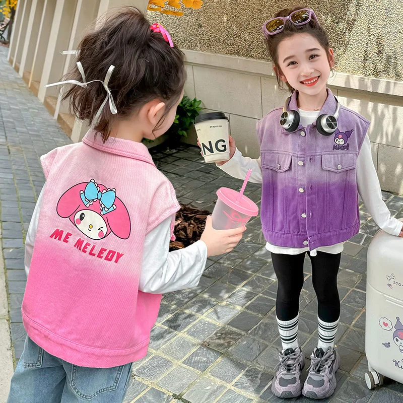 My Melody-Chaleco con estampado de dibujos animados para niña, Chaqueta corta de Anime Sanrios Kuromi, chaleco vaquero sin mangas a la moda, ropa de abrigo bonita para niña, novedad