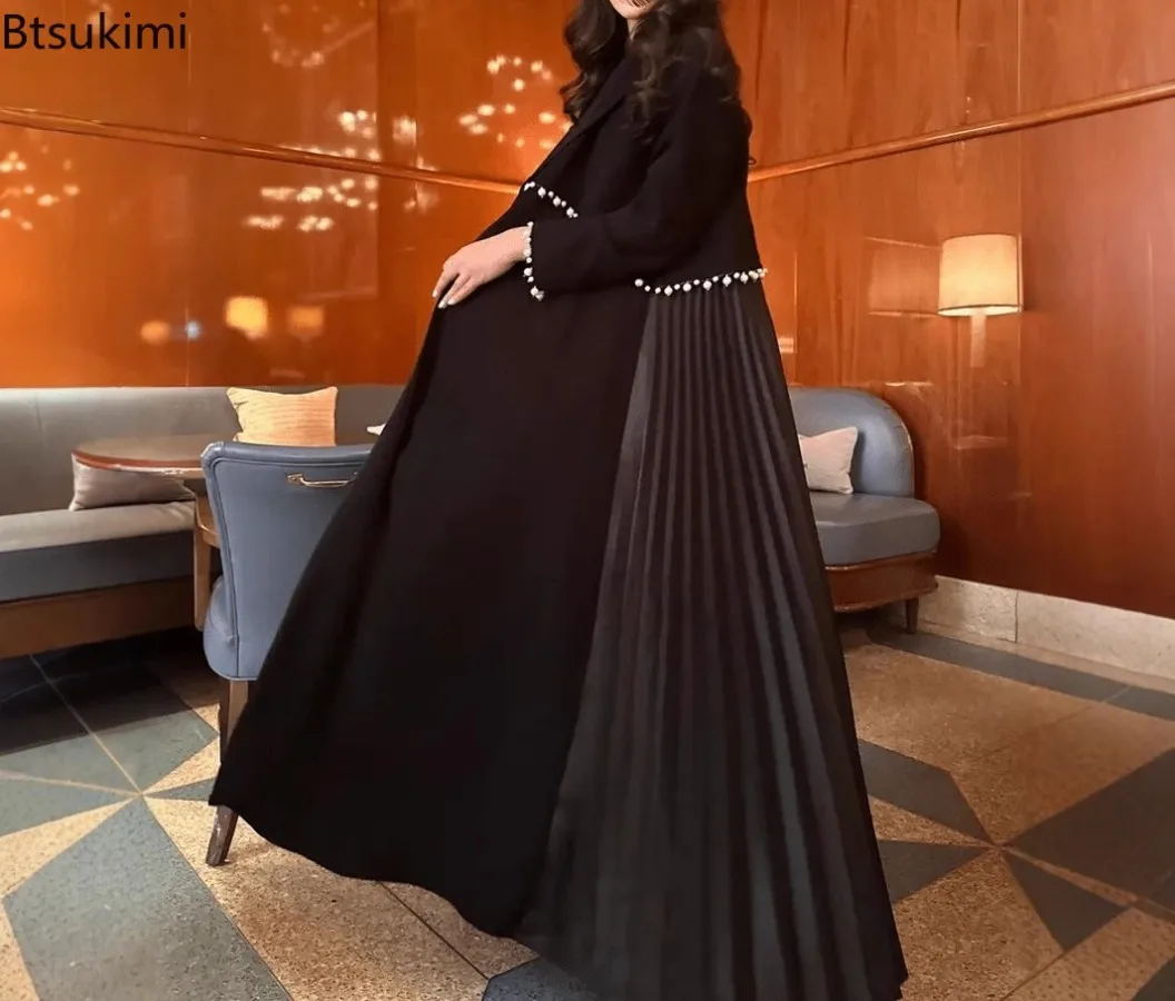 2026 Eid Muslim Pearls Abaya for Women Beading Ramadan Cardigan Pleated Long Dress Morocco Kaftan Robe Dubai Party Gown Jalabiya