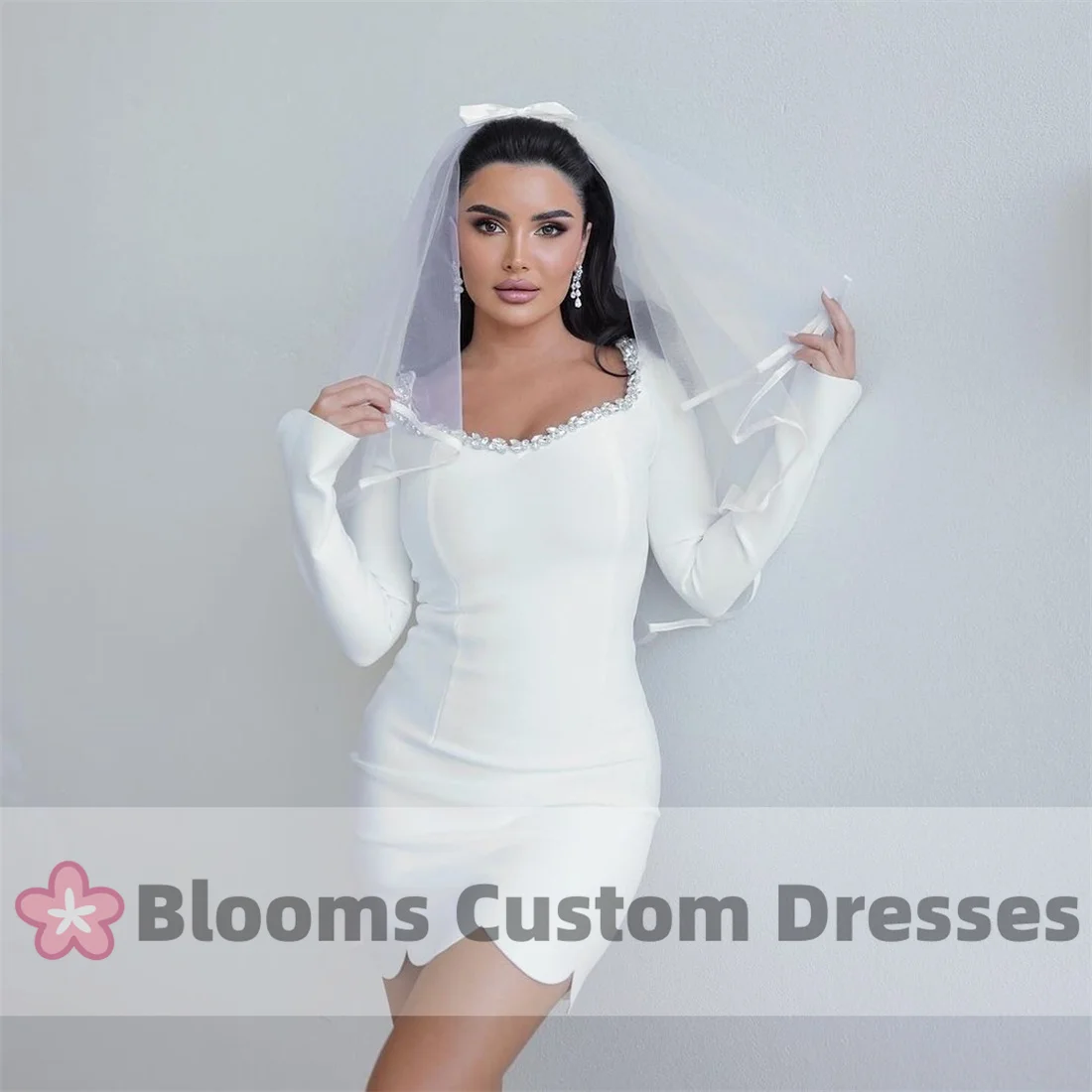 Blooms Crystal Long Sleeves Customized Wedding Dress For Bridal Wear Short Wedding Gown Above Knee Simple Luxury Evening Dress